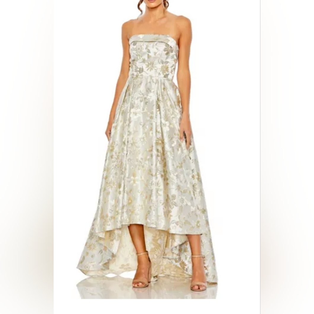 Nwt Mac Duggal Brocade Strapless Golden Floral High Low Gown Size 16